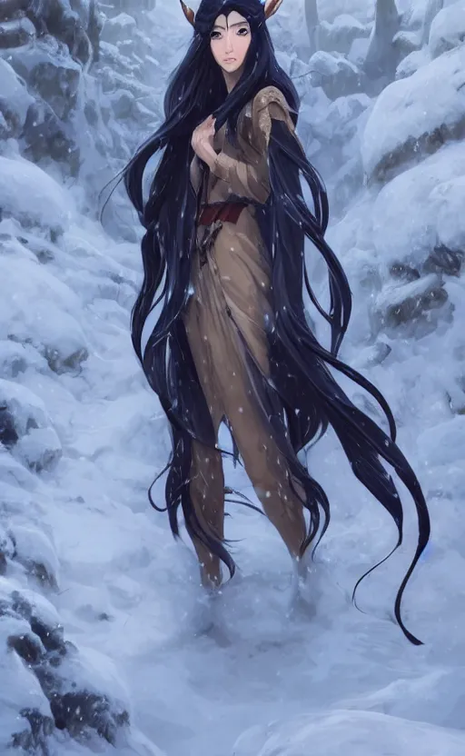 Image similar to an elven girl with long, flowing black hair standing in the snow, facing the camera. By Makoto Shinkai, Stanley Artgerm Lau, WLOP, Rossdraws, James Jean, Andrei Riabovitchev, Marc Simonetti, krenz cushart, Sakimichan, trending on ArtStation, digital art.