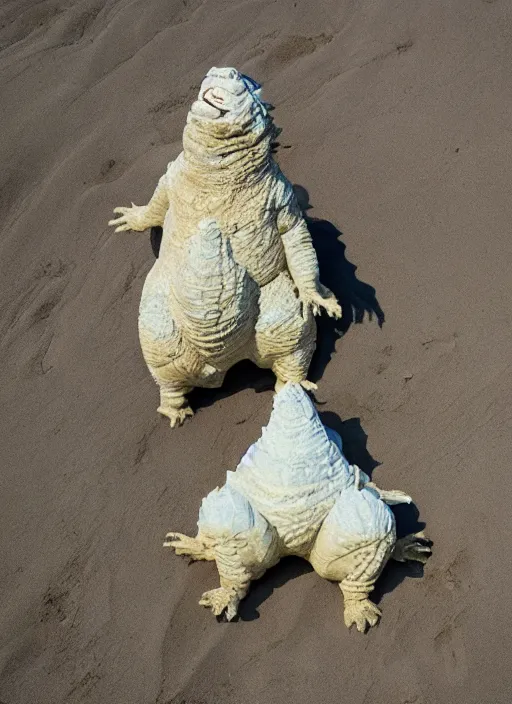 Image similar to godzilla as mozzarella on the sand of a beach