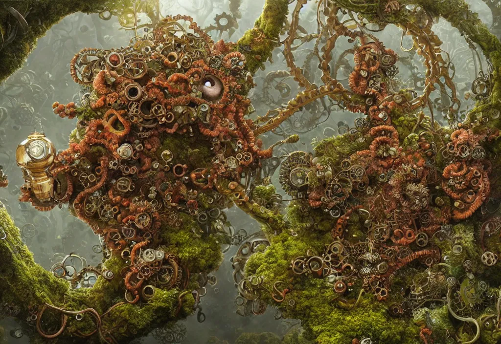 Image similar to illustration and highly detailed render of a strange moss fungus and coral creature, tendrils, steampunk, biological machinery, microbiological environment, ultra realistic, concept art, intricate details, cheerful, highly detailed, photorealistic, octane render, 8 k, unreal engine. art by hr guger and artgerm and greg rutkowski and alphonse mucha