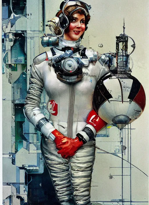 Image similar to a copic maker art nouveau portrait of gretchen ross on a futuristic latex puffy pilot suit by john berkey norman rockwell