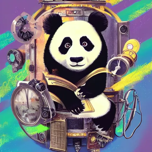 Prompt: anthropomorphic wise wealthy panda travels through time via steampunk portals, pixiv fanbox, dramatic lighting, maximalist pastel color palette, splatter paint, pixar and disney exploded - view drawing, graphic novel by fiona staples and dustin nguyen, peter elson, alan bean, wangechi mutu, clean cel shaded vector art, trending on artstation