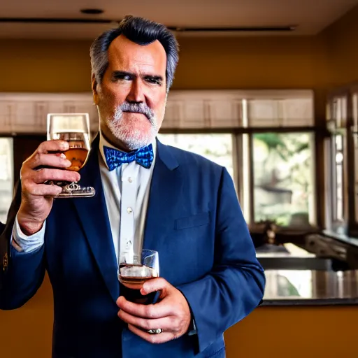 Prompt: bruce campbell having a glass of scotch, ( sony a 7 r iv, symmetric balance, polarizing filter, photolab, lightroom, 4 k, dolby vision, photography awardm, voque, perfect face )