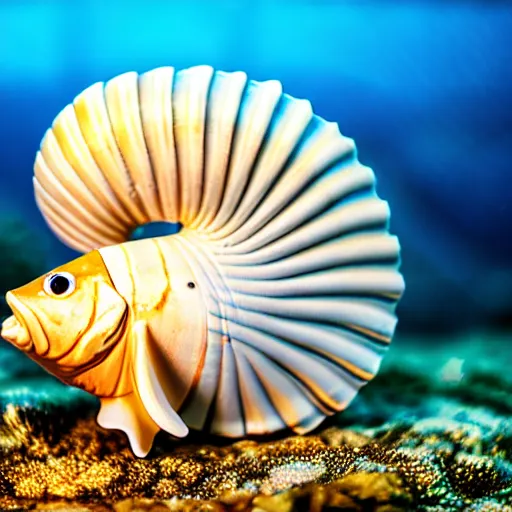 Image similar to a seashell sculpture of a fish, photorealistic, macro lens, 4K