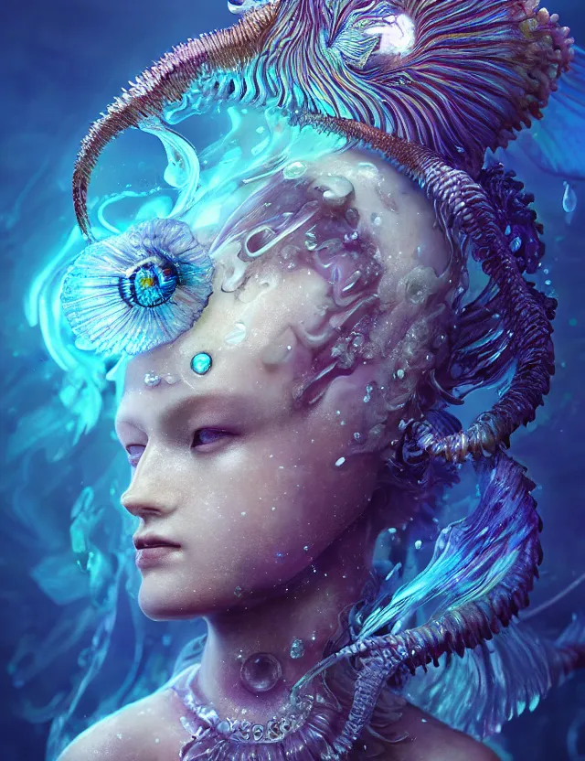 Image similar to goddess macro close - up portrait wigh crown made of ram skull. betta fish, jellyfish phoenix, bioluminiscent, plasma, ice, water, wind, creature, super intricate ornaments artwork by tooth wu and wlop and beeple and greg rutkowski