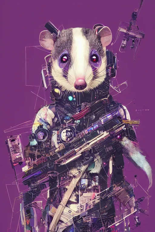 Image similar to a beautiful portrait of a cute cyberpunk opossum by sandra chevrier and greg rutkowski and wlop, purple blue color scheme, high key lighting, volumetric light, digital art, highly detailed, fine detail, intricate, ornate, complex, octane render, unreal engine, photorealistic