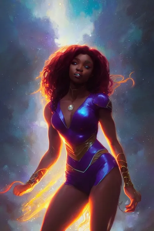 Image similar to normani as starfire profile picture by Greg Rutkowski, dynamic pose, matte painting, intricate, fantasy concept art, elegant, by Stanley Artgerm Lau, WLOP, golden ratio, thomas kindkade, alphonse mucha, loish, norman Rockwell,