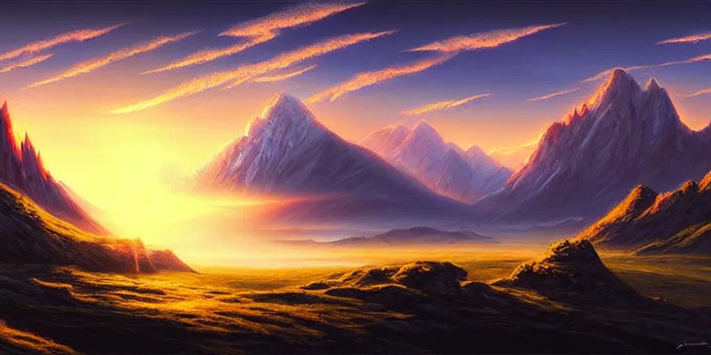Image similar to a beautiful landscape, sun rises between two mountains, concept art by john stephans, extremely detailed, hyper realism