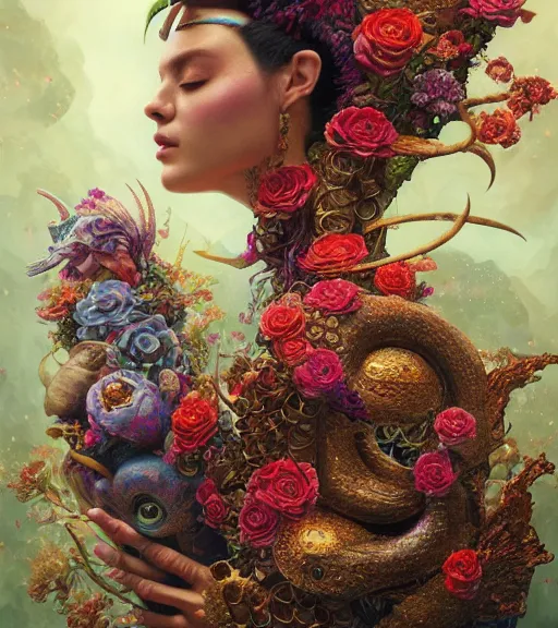 Image similar to portrait of quetzalcoatl, surrounded by flowers by karol bak, moebius, tom bagshaw, rococo, trending on artstation, cinematic lighting, hyper realism, octane render, 8 k, hyper detailed, ink by dave gibbons