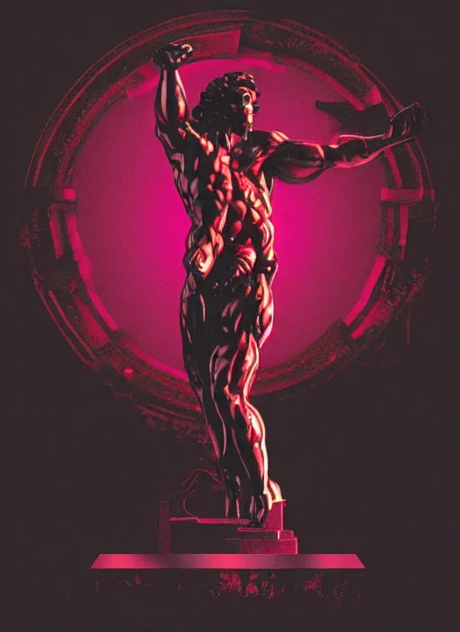 Prompt: black background with subtle red and purple design elements, statue of hercules, nekro, graphic design, collage art, thin lines, dark, glitch art, neo vaporwave, gritty, layout frame, square, trending on artstation