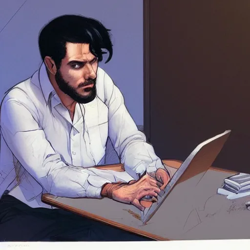 Prompt: a beautiful artwork of a young male scientist with black hair and white shirt sitting at a desk with a laptop by Jerome Opeña, featured on artstation