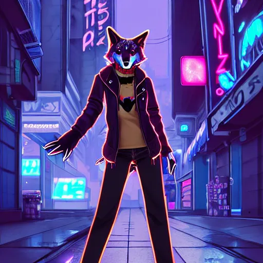 Prompt: beautiful furry art full body commission of an androgynous furry anthro wolf fursona wearing punk clothes in the streets of a cyberpunk city. neon signs. character design by charlie bowater, ross tran, artgerm, and makoto shinkai, detailed, inked, western comic book art