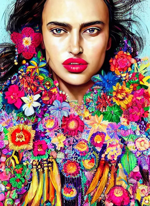 Prompt: beautiful portrait of Irina Shayk wearing fantastic Hand-dyed cotton dress,embellished beaded feather decorative fringe knots ,colorful pigtail,subtropical flowers and plants,symmetrical face,intricate,elegant,highly detailed,8k,digital painting,trending on pinterest,GUCCI,PRADA,harper's bazaar,concept art, sharp focus, illustration,by artgerm,Tom Bagshaw,Lawrence Alma-Tadema,greg rutkowski