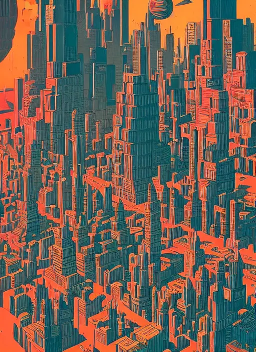 Image similar to drawing of a city with tall buildings, poster art by kilian eng, behance contest winner, psychedelic art, tesseract, dystopian art, parallax