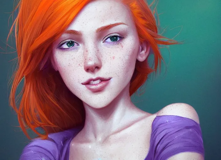 Prompt: portrait of a beautiful smiling girl with orange hair and freckles, green eyes, intricate, elegant. highly detailed, digital painting, artstation, concept art, smooth, sharp, focus, illustration. background is purple, art by artgerm and Ross Tran
