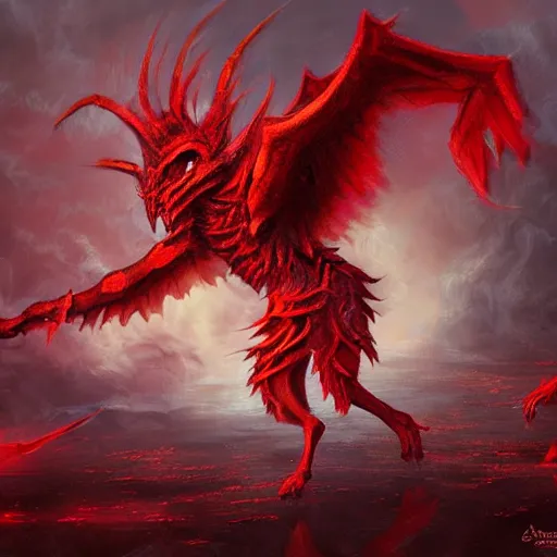 Prompt: Fantasy art for a red spell that creates small flying monsters and deals damage to opponents from the game magic the gathering. Award winning, high detail, original artwork, dramatic lighting