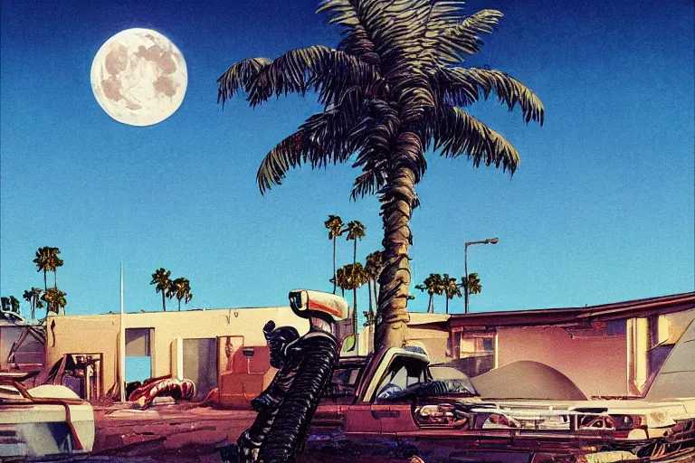 Image similar to broken robot | abandoned motel | palm trees | snowy mountains | moon in sky, painting by syd mead and weta studio and moebius and james jean and frank frazetta, highly detailed, rule of third, soft lighting, architectural magazine, beautiful detailed, insanely intricate details, artstation trending, hypermaximalistic, high details, cinematic