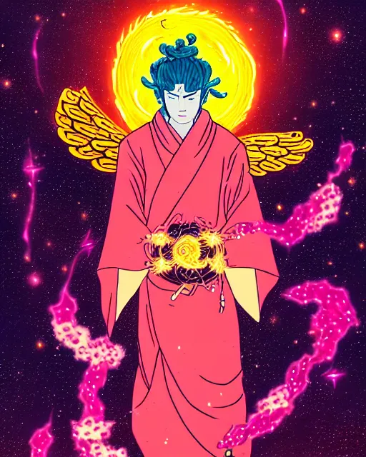 Image similar to a character portrait of a male angel with golden fiery wings, surrounded by spiriling sparkling rose crystals and galaxies, hyper light drifter, ukiyo - e trending on artstation