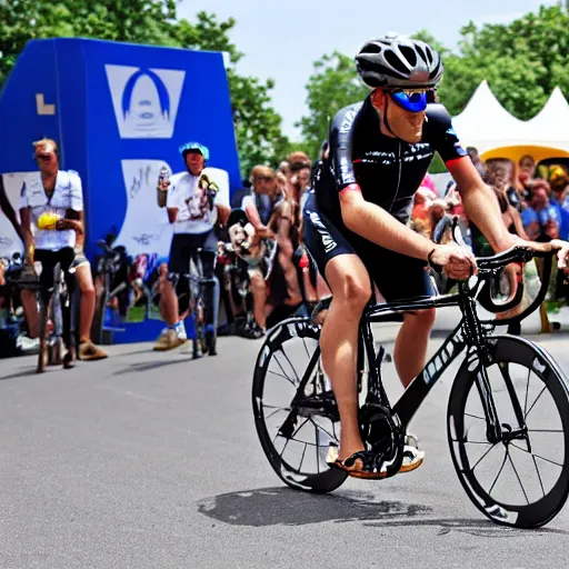 Prompt: futuristic monkey riding bike with donut wheels in the tour the france