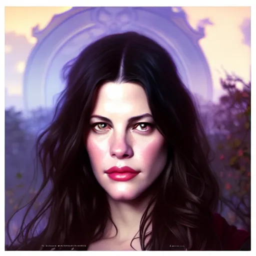 Image similar to beautiful digital painting of liv tyler background with high detail, 8 k, stunning detail, photo by artgerm, greg rutkowski and alphonse mucha, unreal engine 5, 4 k uhd