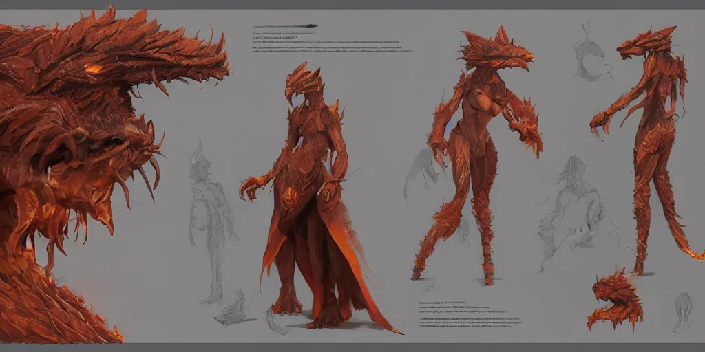 Image similar to female fire creature with a wooden mask character design sheet, Moebius, Greg Rutkowski, Zabrocki, Karlkka, Jayison Devadas, Phuoc Quan, trending on Artstation, 8K, ultra wide angle, zenith view, pincushion lens effect