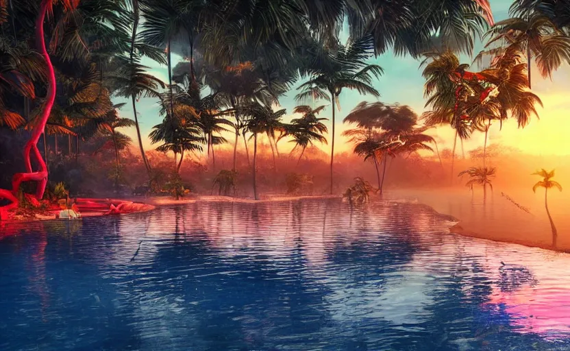 Image similar to a tropical resort in a jungle paradise, with a beautiful red and blue sunset, dynamic lighting, photorealistic fantasy concept art, trending on art station, stunning visuals, creative, cinematic, ultra detailed, ray tracing, sun rays