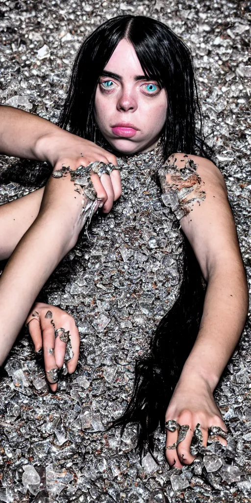 Prompt: professional photo shot of an billie eilish made of silica crystal spikes, melted with rocks in the background, microscopic picture, grimy, gritty, trending on artstation, award winning, close shot, by aleks labuda and barry webb