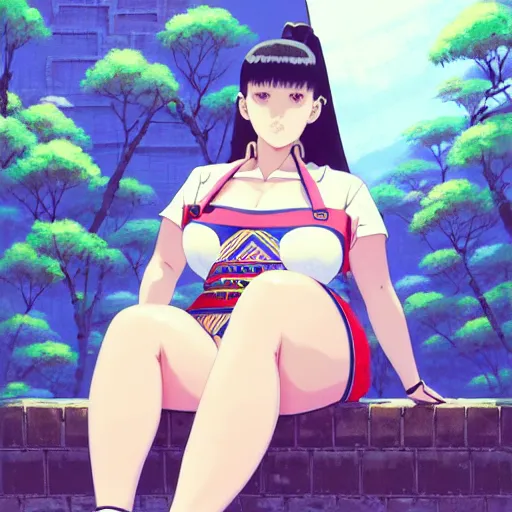 Image similar to a beautiful plus sized model japanese natalie portman, alluring plus sized model, wearing mayan leotard with elegant mayan apron overalls, street fashion hip hop style with mayan patterns, aztec street fashion, gapmoe yandere grimdark, trending on pixiv fanbox, painted by greg rutkowski makoto shinkai takashi takeuchi studio ghibli, akihiko yoshida