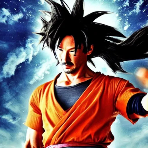 Image similar to photo of keanu reeves as goku in live action dragon ball z movie, cinematic movie still, 8 k hdr