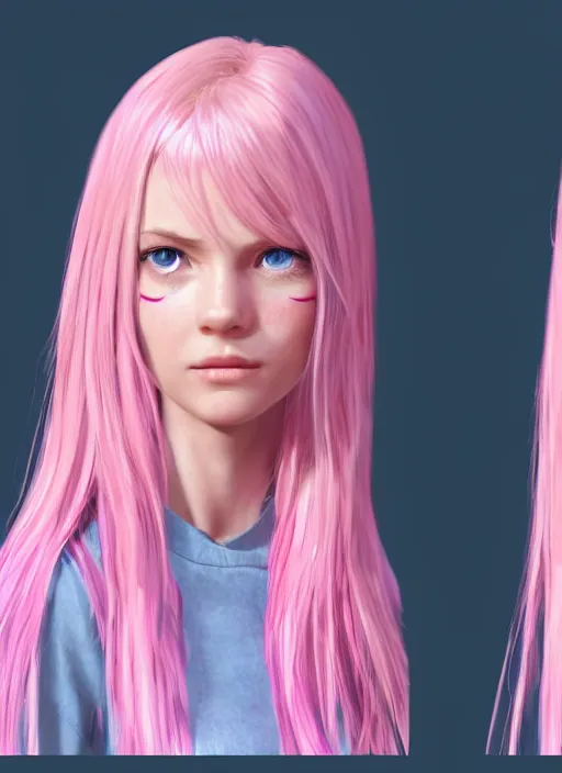 Prompt: concept art for the main character in the award winning film named life is better in pink. the character is a unnaturally beautiful teenage girl with deep dark blue eyes and long curled pink dyed hair, visible ears, wearing light pink clothes. realistic cg render, anatomically correct, high key lighting, trending on art station, vibrant colors.