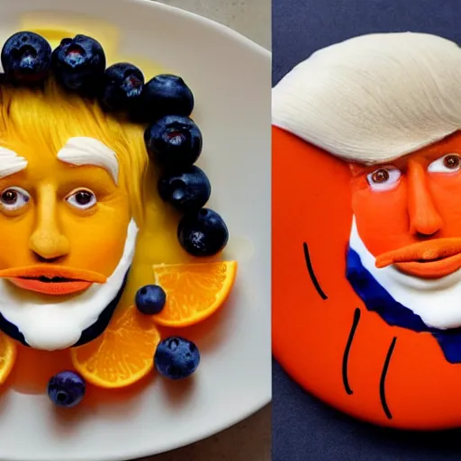 Image similar to edible donald trump made step by step : 1. lemon skin for hair 2. cake and orange pieces for the face 3. blueberries and whipped cream for the suit, from the beautiful'food art collection ', dslr