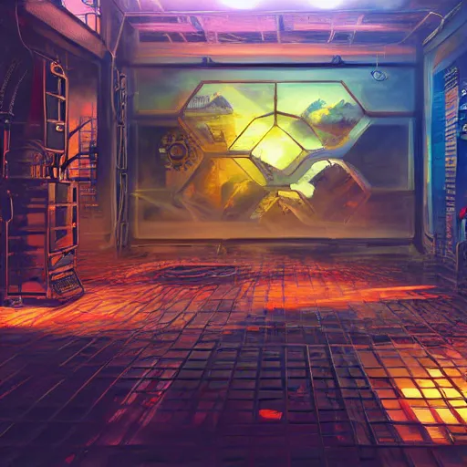 Image similar to cyberpolygon, steampunk realistic oil painting, cinematic light, computers, neon, hexagons