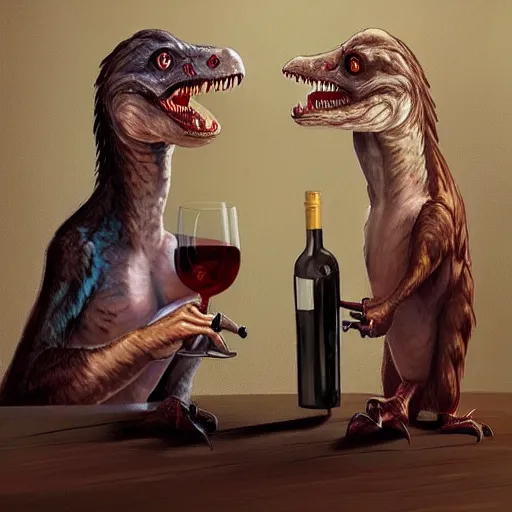 Prompt: two velociraptors toasting glass of wine, wide shot painting by wlop rutkowsky cgsociety artstation deviantart