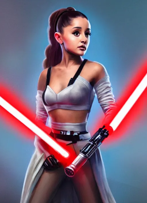 Image similar to Photo of Ariana Grande with a red lightsaber, Star Wars concept art, trending on artstation, dramatic lighting, photo-realistic