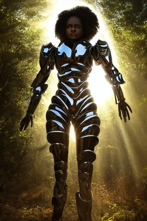 Image similar to hyperrealistic very beautiful black woman highly detailed exoskeleton armor in a forest sun behind her god rays concept art eric zener elson peter dramatic light low angle hd 8k sharp focus