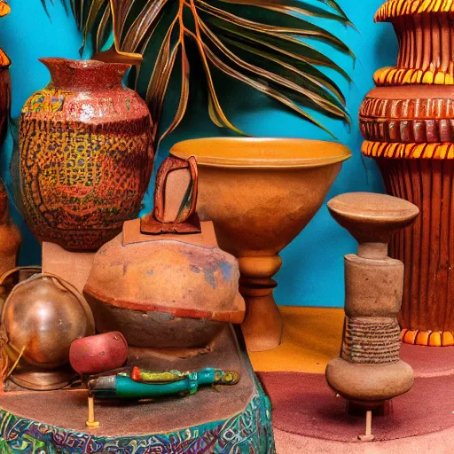 Image similar to An offset photography of a composition of five object on display, colors, (anthropology of wonder), ((((exotic artifacts)))), bauhause, tropicalism, (colonial expedition), exhibition print, 60s style