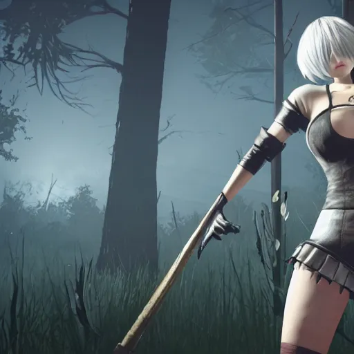 Image similar to Screenshot of 2B (Nier Automata) as a survivor in Dead By Daylight