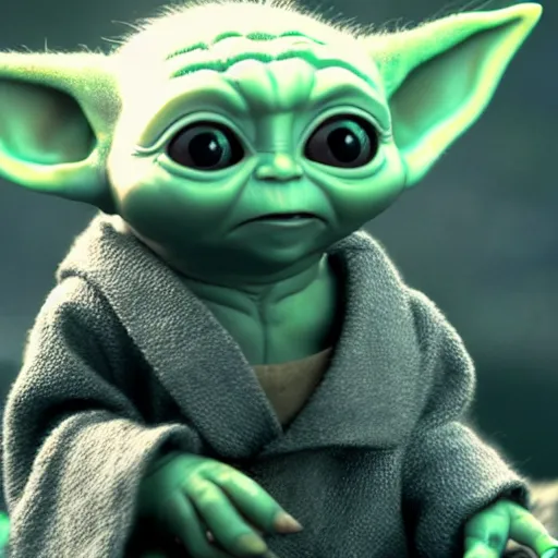 Image similar to A film still of Baby Yoda as a Jedi king wearing his crown realistic,detailed