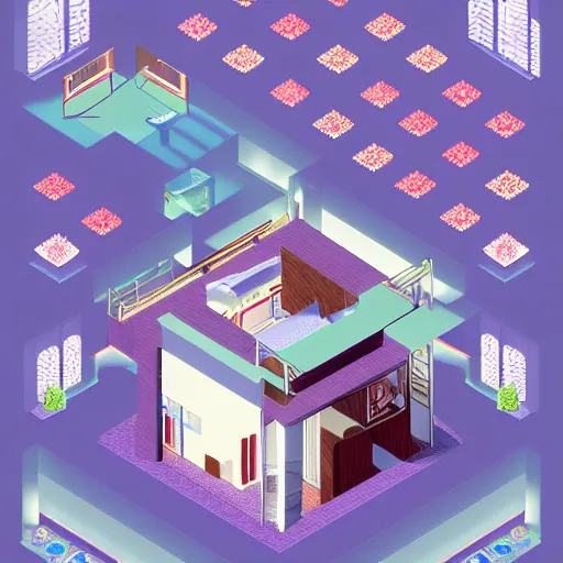 Prompt: isometric view of a moden retro futuristic home by Chiho Aoshima