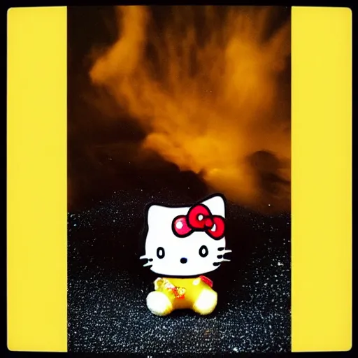 Prompt: “burning flaming hello kitty plush doll falling from the night sky, explosion burning glowing particles everywhere raining down from dark black sky into a dark cornfield. Flash photo.”