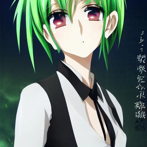 Prompt: anime art, anime key visual of elegant young female, short green hair and large eyes, white blouse, black vest, finely detailed