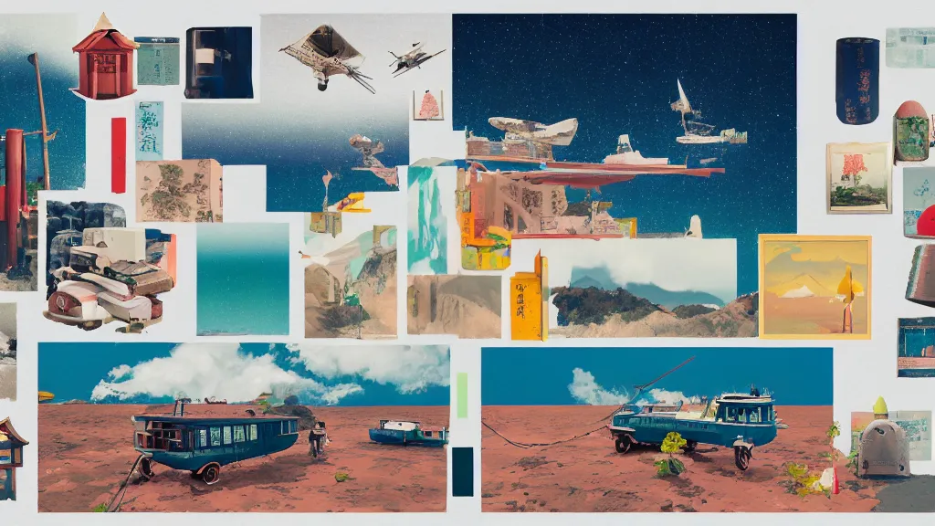 Prompt: an arrangement of explorer traveller props, shikoku prefecture japan, a collage painting, in the style of wes anderson, lola dupre, david hockney, isolated on negative white space background dark monochrome neon spraypaint accents volumetric octane render
