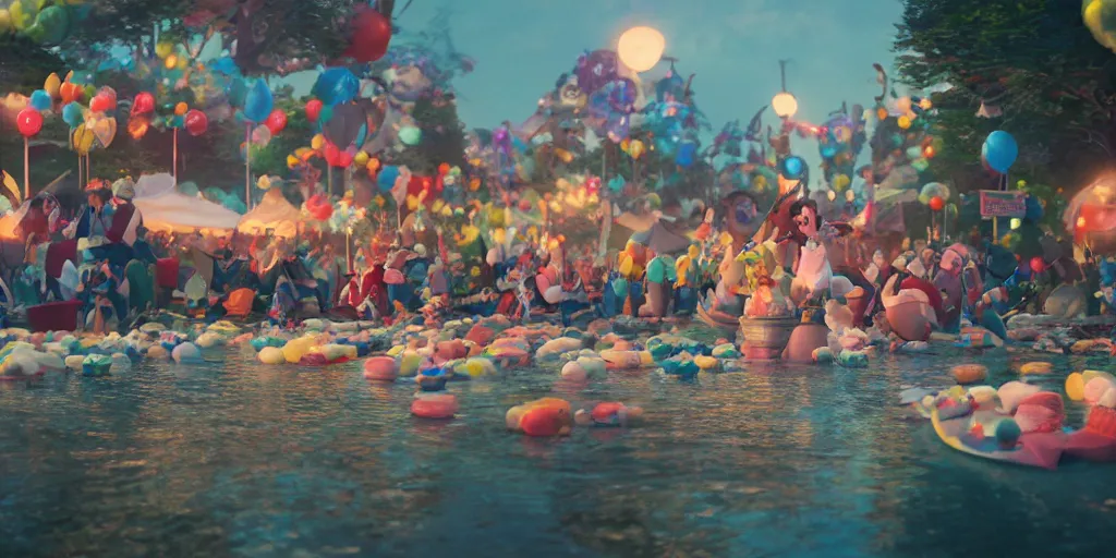 Prompt: a film still of a float carnival, medium shot, waist up, studio ghibli, pixar and disney animation, sharp, rendered in unreal engine 5, anime key art by greg rutkowski, bloom, dramatic lighting