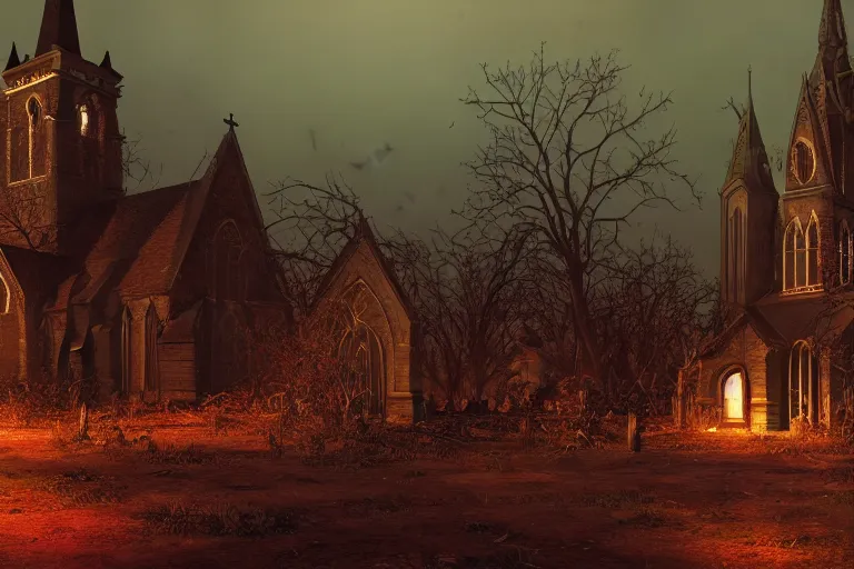 Prompt: an ultra detailed animation of a church steeple in a graveyard at midnight on halloween, digital art, dark fantasy, concept art, soulslike, by alphonse mucha, blood moon eclipse, ruined building in the background, artstation, 8 k, unreal engine render