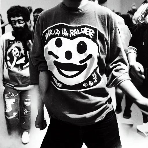 Image similar to a mad raver dancing at a warehouse rave 1988, acid house, smiley face t-shirt, XTC, photorealistic, depth of field, 16k resolution, 35mm camera wideangle