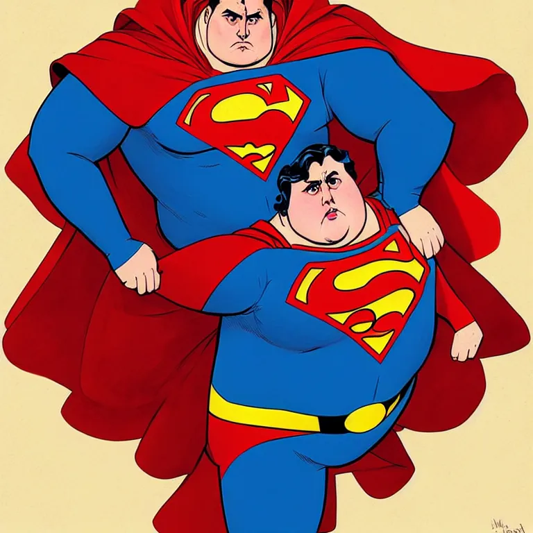 Image similar to Mordidly obese superman, style of Joshua Middleton comic book art Nick Dragotta comic art, symmetrical face, symmetrical eyes, depressed sad expression, painterly style