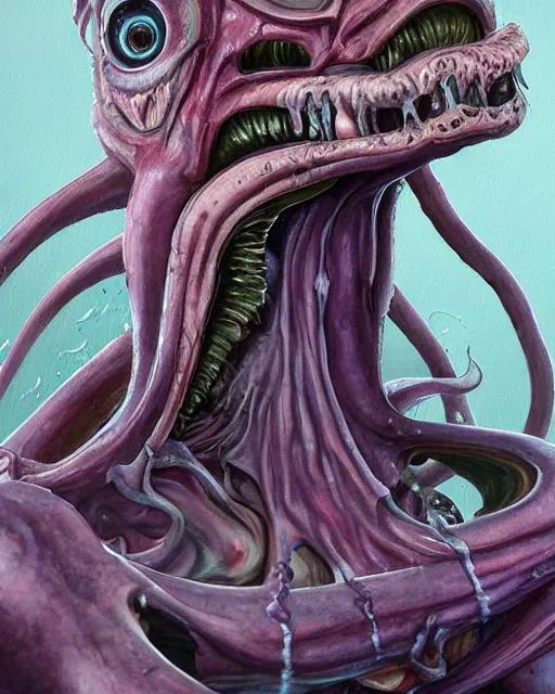 Image similar to Haunting horrifying detailed painting of a tall skinny extraterrestrial squid monster made of gelatinous fluid, floating teeth and purple eyeballs, hyper detailed, trending on Artstation