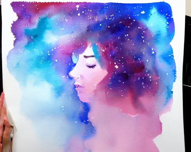 Prompt: an outline of a woman with long hair flowing behind her ; the hair is a large nebula in space with stars : watercolor painting on white paper, small detailed?, abstract art, minimalism, painterly style, 4k ultra hd, on artstation