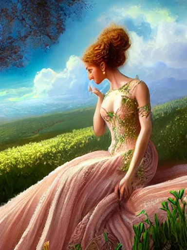 Prompt: venus, wearing a magnificent dress, sitting on a divan in the middle of a beautiful green plains full of little flowers. intricate, elegant, highly detailed, digital painting, artstation, concept art, sharp focus, illustration, by justin gerard and artgerm, 8 k