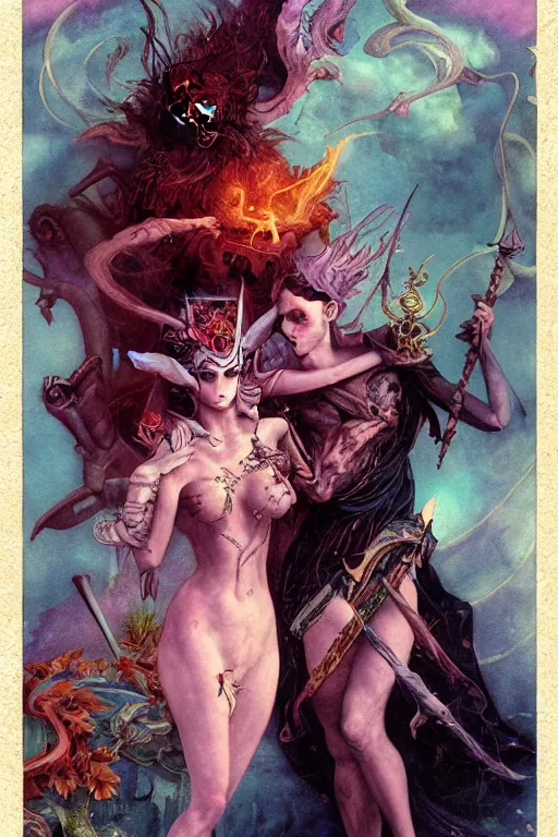 Prompt: an illustrated tarot card of The lovers based on the original rider waite tarot deck, full of colors, evil, satanic, high contrast, on old paper, insane details, concept art, elegant, unreal 5, CGSociety, hyperrealistic, octane render, by Peter Mohrbacher and Greg Rutkowski and brian froud and Craig Mullins, RPG portrait, dynamic lighting