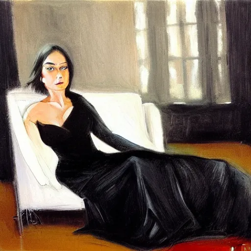 Image similar to a dark haired woman wearing a black dress, on a bed. by fabian perez